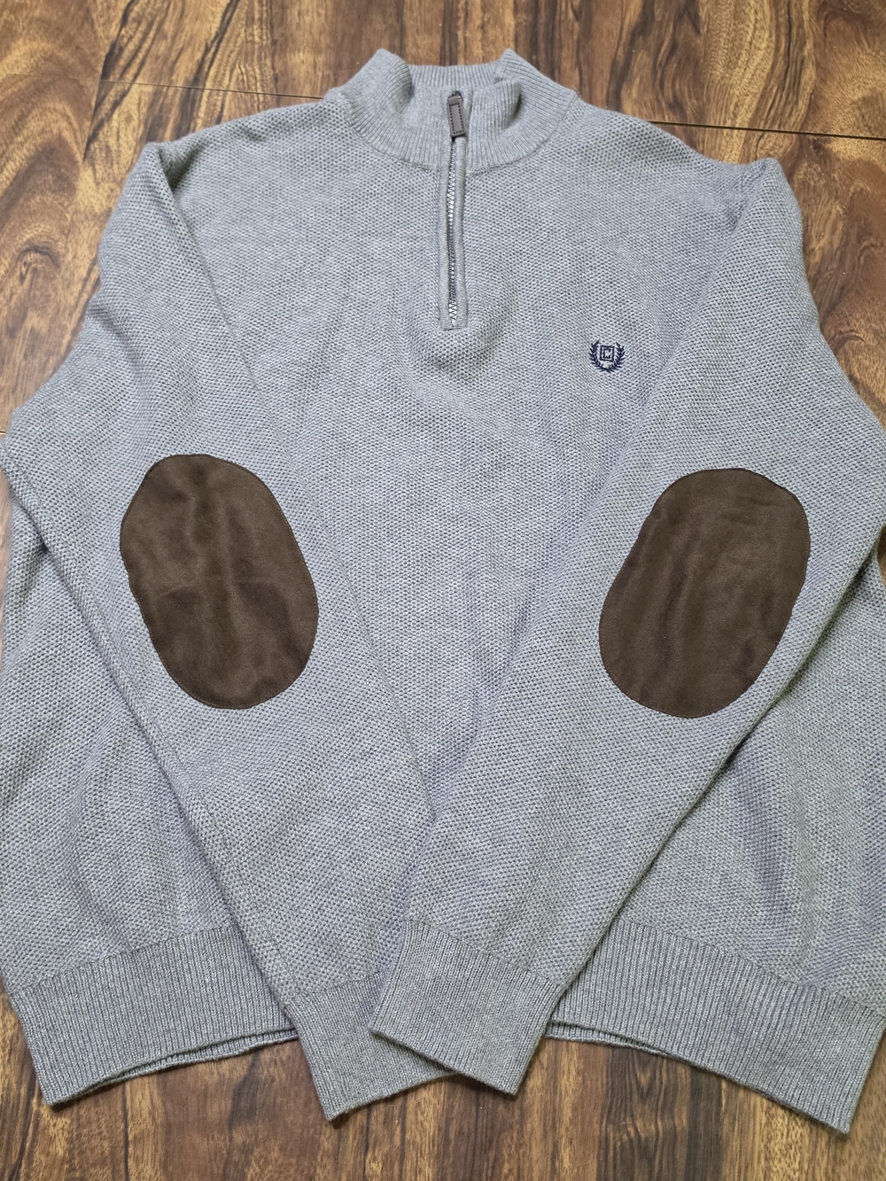 Chaps Light Gray Half-Zip Sweater with Brown Elbow Patches